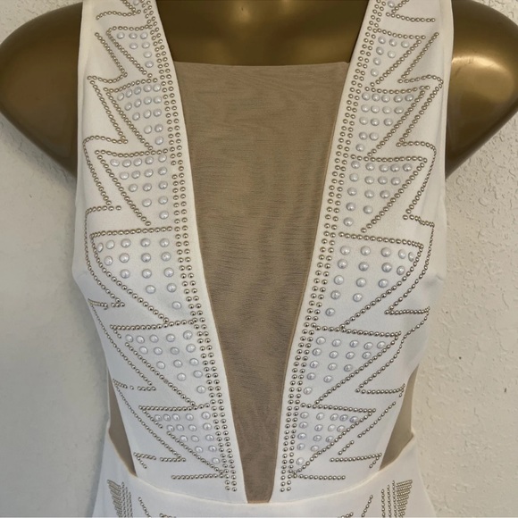 Women's Sleeveless Rhinestone Mesh Midi Dress - Cream Zip Back - Picture 4 of 6